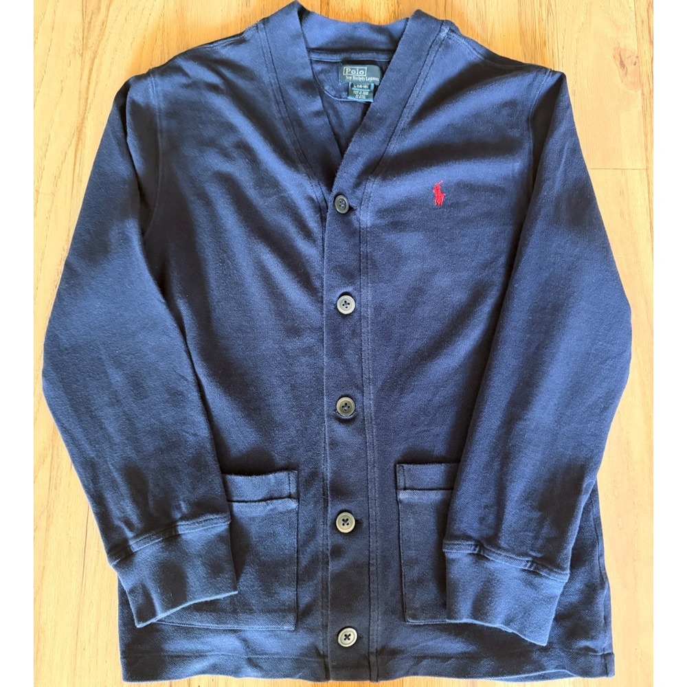 Polo Ralph Lauren Boys Large (14-16) Navy Blue Cotton Piqué Button Cardigan